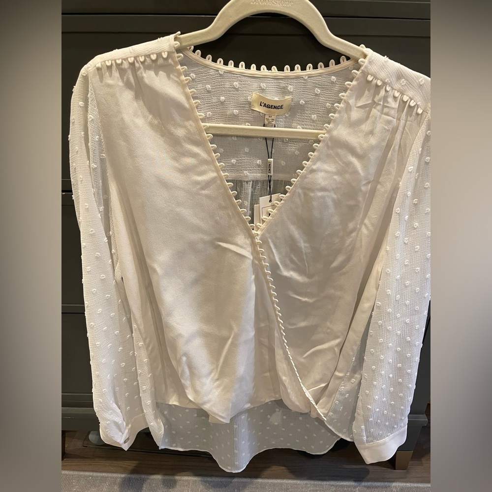 L'AGENCE Cream Blouse with Textured Dots